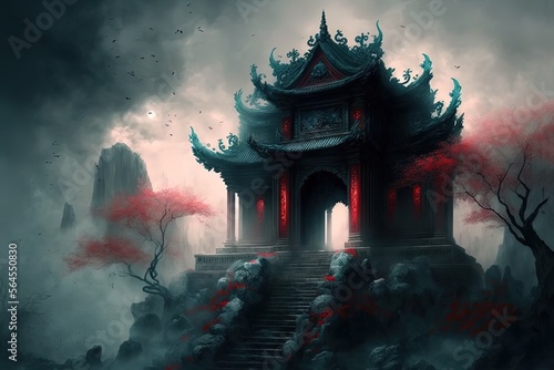 gigantic red hell gate, ancient Chinese mythology the gate to spirit world or way path to demon town Generative Ai © QuietWord
