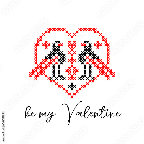 St. Valentine s greeting card with couple, pair of birds and heart. Ukrainian vector ethnic sign, folk element in red and black colors.Ukrainian traditional embroidery, pixel art , vyshyvanka