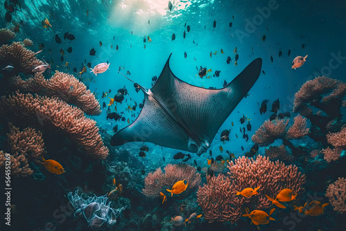 Tela flock of manta ray swimming among fish and corals in ocean
