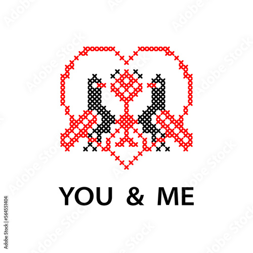 Pair of in love birds and heart. St. Valentine s greeting card.Birds love. Vector ethnic sign  folk element in red and black colors. Ukrainian traditional embroidery  pixel art   vyshyvanka