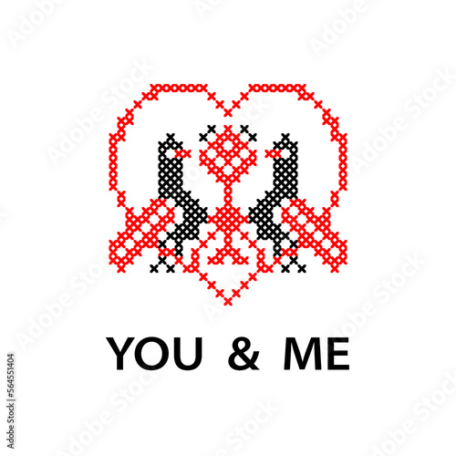 Pair of in love birds and heart. St. Valentine s greeting card.Birds love. Vector ethnic sign, folk element in red and black colors. Ukrainian traditional embroidery, pixel art , vyshyvanka