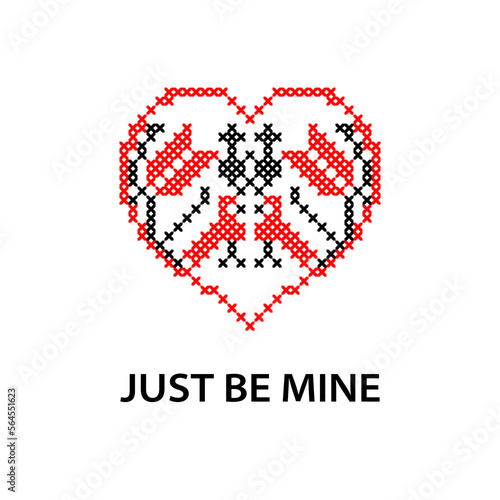 St. Valentine s greeting card with couple, pair of birds and heart. Ukrainian vector ethnic sign, folk element in red and black colors.Ukrainian traditional embroidery, pixel art , vyshyvanka