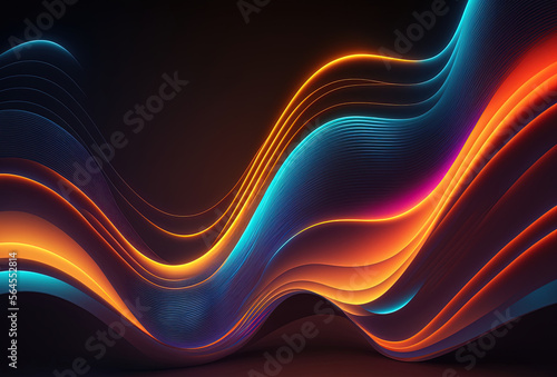 Neon colored waves on a dark background. Abstract glowing spectrum lines. Psychedelic aesthetic. 3D rendering. AI generated.