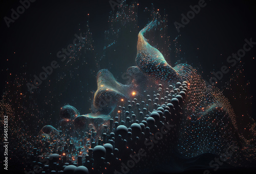 Visualization of big data movement. Colored dots and lines on a black background. . Futuristic cyber technology, singularity. Abstract dark background. 3D rendering. AI generated © photolas