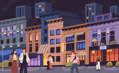 Night city street with people. Cityscape, urban landscape, characters walking, going along buildings in summer evening. Nighttime life, young modern men and women strolling. Flat vector illustration