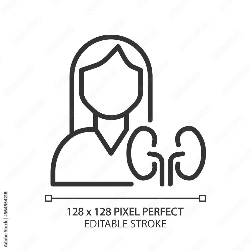 Nephrology pixel perfect linear icon. Disease prevention and treatment of kidneys. Renal disease. Healthcare service. Thin line illustration. Contour symbol. Vector outline drawing. Editable stroke