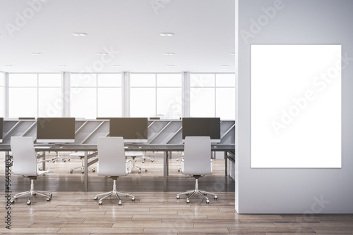  office interior with blank mock up banner on wall. Wooden and concrete materials. Panoramic window with city view and daylight. Corporation, law and legal concept. 3D Rendering. © Who is Danny