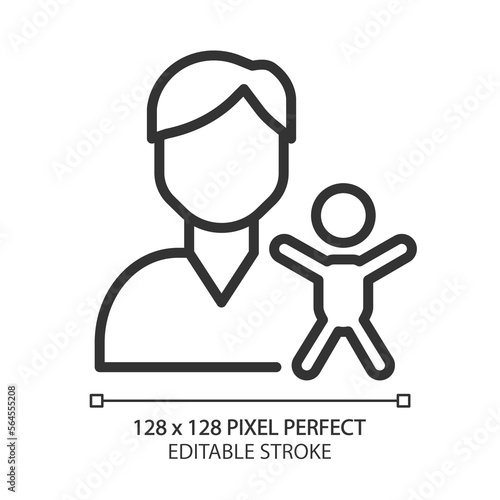 Pediatrics pixel perfect linear icon. Medical care of children. Diagnostics and treatment. Healthcare service. Thin line illustration. Contour symbol. Vector outline drawing. Editable stroke