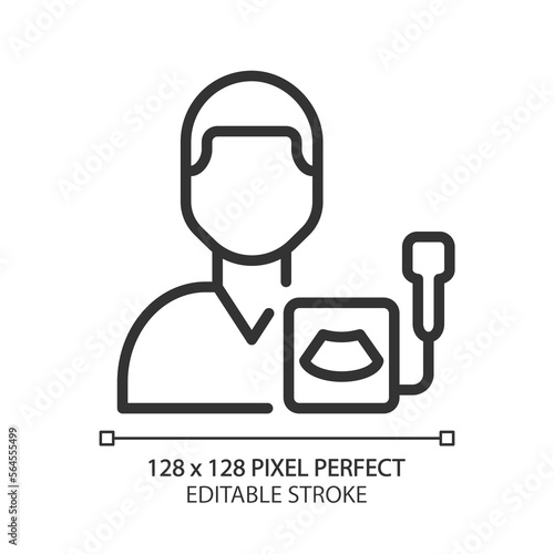 Diagnostic ultrasound pixel perfect linear icon. Sonogram technology. Diagnostics technique. Healthcare service. Thin line illustration. Contour symbol. Vector outline drawing. Editable stroke
