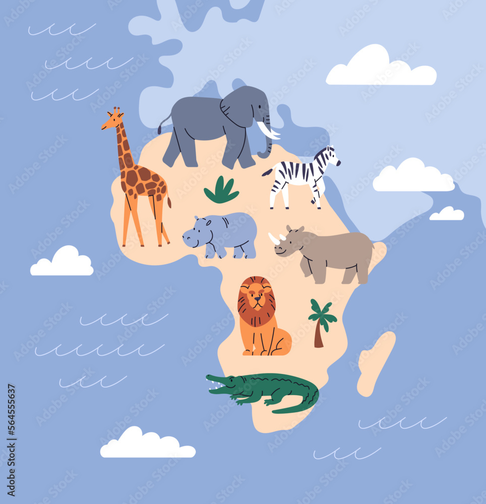 Obraz premium Africa map with wild animals. Cute mammals of African land, continent. Wildlife, terrestrial fauna, different species, habitats, elephant, giraffe, lion, zebra. Childish flat vector illustration