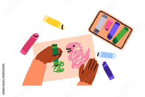 Kids hands drawing on paper, top view. African child painting cute picture with oil pastel pencils. Art hobby, creativity concept. Colored flat vector illustration isolated on white background