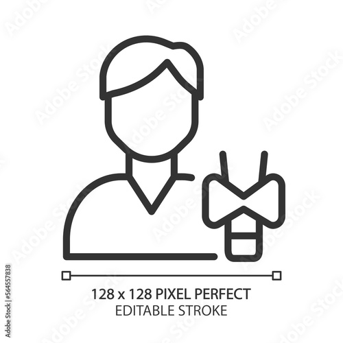 Endocrinology pixel perfect linear icon. Endocrine system. Thyroid gland disorders and treatment. Clinic service. Thin line illustration. Contour symbol. Vector outline drawing. Editable stroke