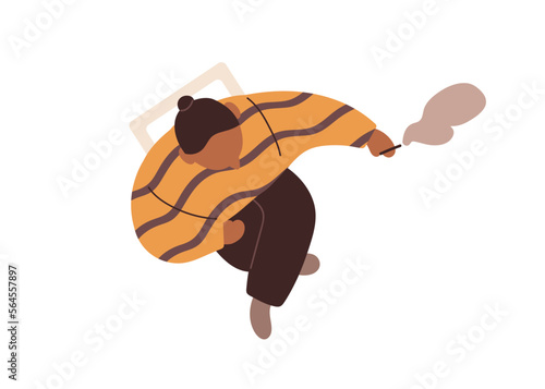 Overhead man smoking, holding cigarette in hand. Smoker sitting legs crossed, relaxing, chilling in chair with tobacco, cannabis, top down view. Flat vector illustration isolated on white background