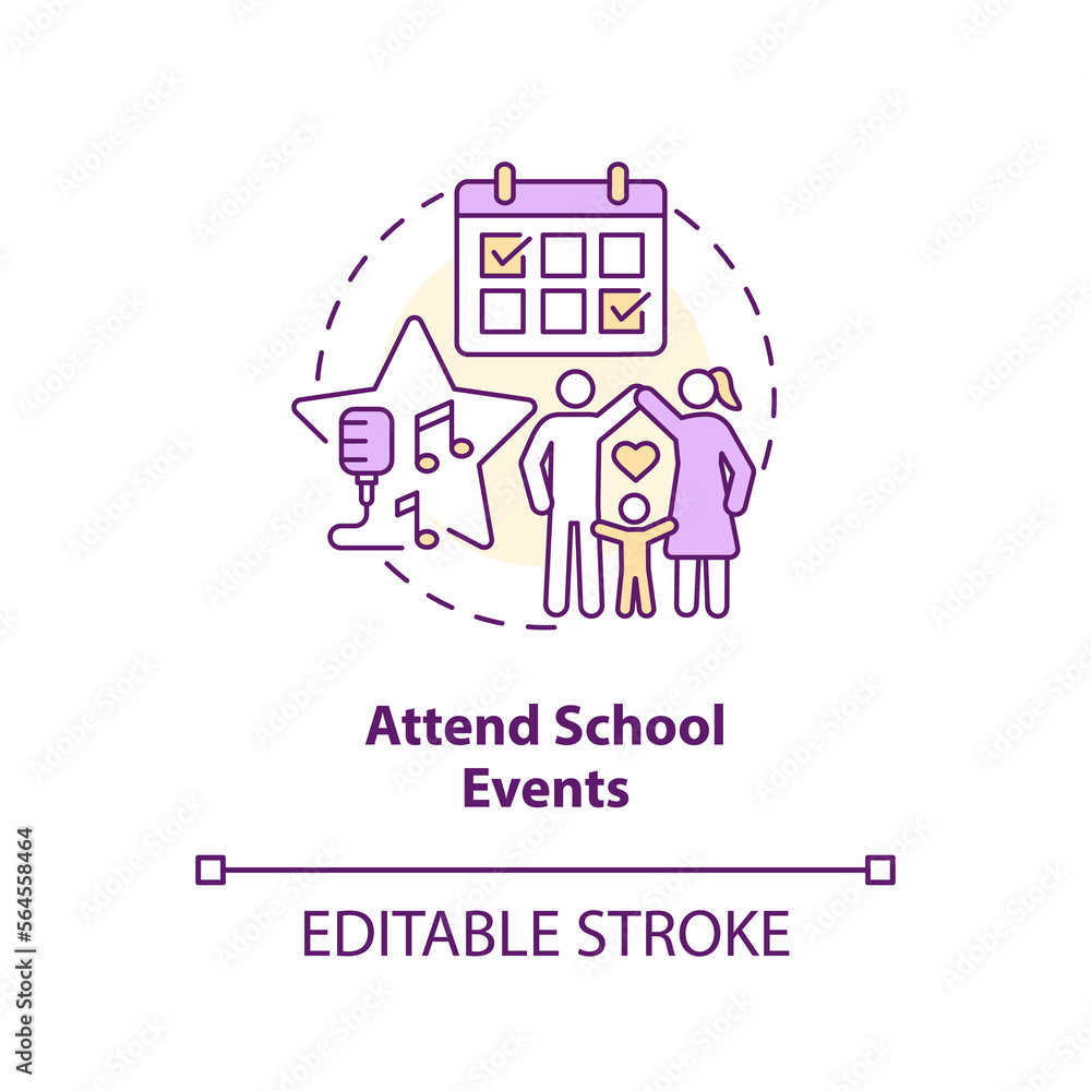 Attend school events concept icon. Schedule visiting. Promoting self esteem in teens abstract idea thin line illustration. Isolated outline drawing. Editable stroke. Arial, Myriad Pro-Bold fonts used