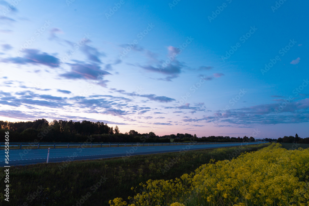 The highway at night against the background of the sunset sky. The yellow flowers in the foreground. Summer night.
