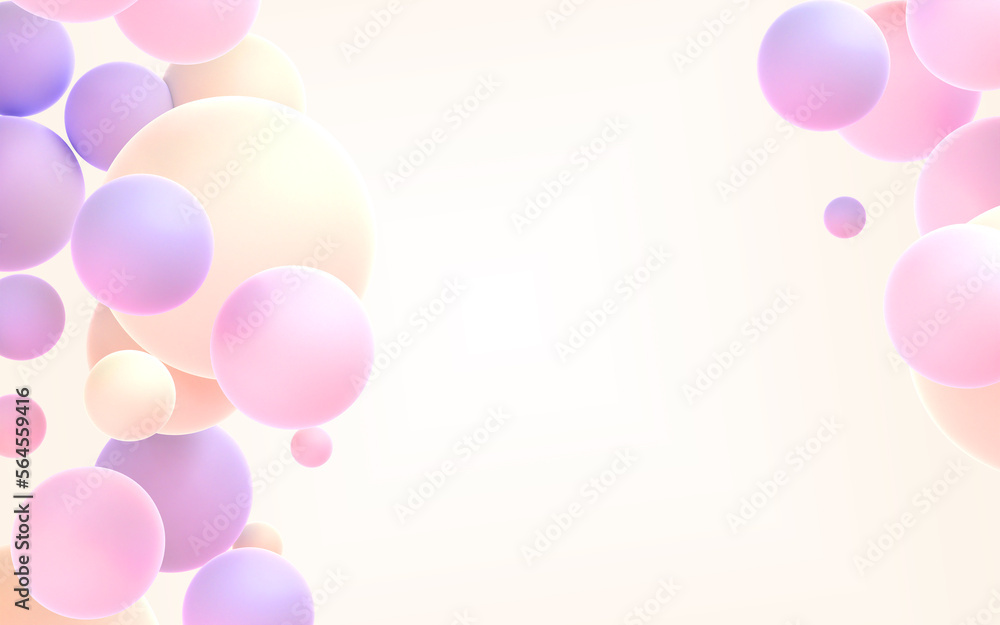 Abstract background with pastel matte spheres 3d render. Spring pink, purple and beige balls with blank place for display cosmetic product, mockup ad banner. Decoration element design