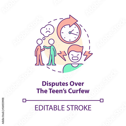 Disputes over teen curfew concept icon. Safety rules. Parent child conflict area abstract idea thin line illustration. Isolated outline drawing. Editable stroke. Arial, Myriad Pro-Bold fonts used