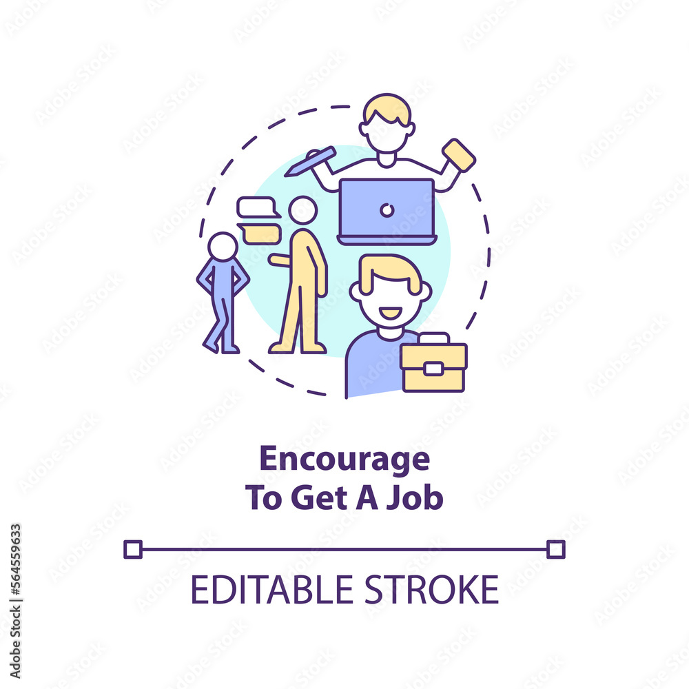 Encourage to get job concept icon. Teaching teenager responsibility abstract idea thin line illustration. Isolated outline drawing. Editable stroke. Arial, Myriad Pro-Bold fonts used