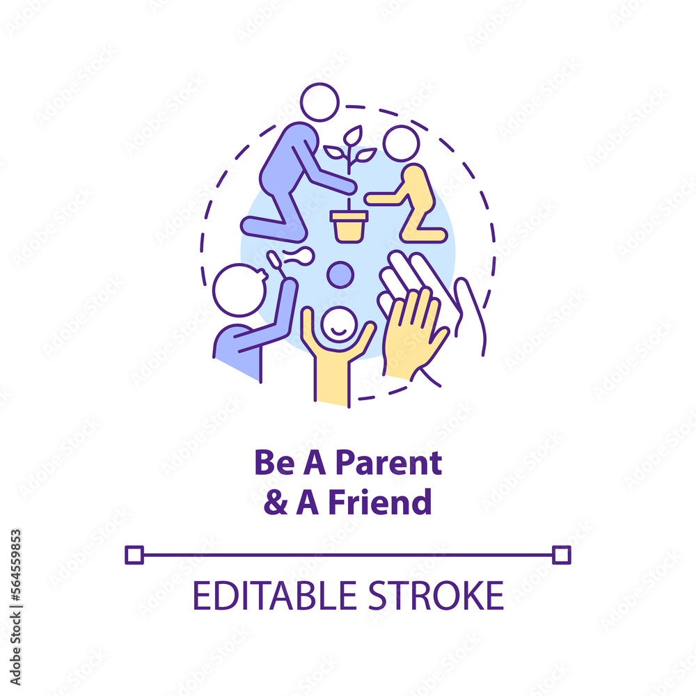 Be parent and friend concept icon. Trustful relationship. Peaceful teen raising tip abstract idea thin line illustration. Isolated outline drawing. Editable stroke. Arial, Myriad Pro-Bold fonts used