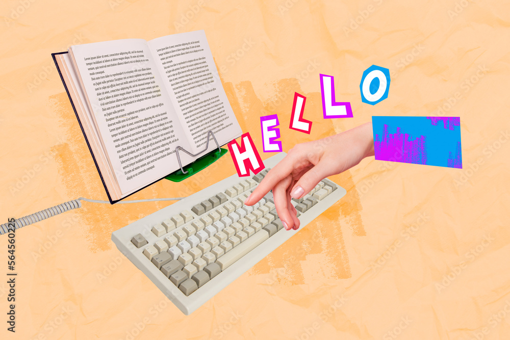 Obraz premium Creative collage image of hand finger typing write message keyboard opened book holder isolated on drawing beige background