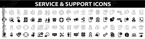 Customer Service and Support icon set. Support service. Helpdesk, Quick Response, Feedback. Technical support, help, call center, hotline, live chat and assistance. Vector illustration
