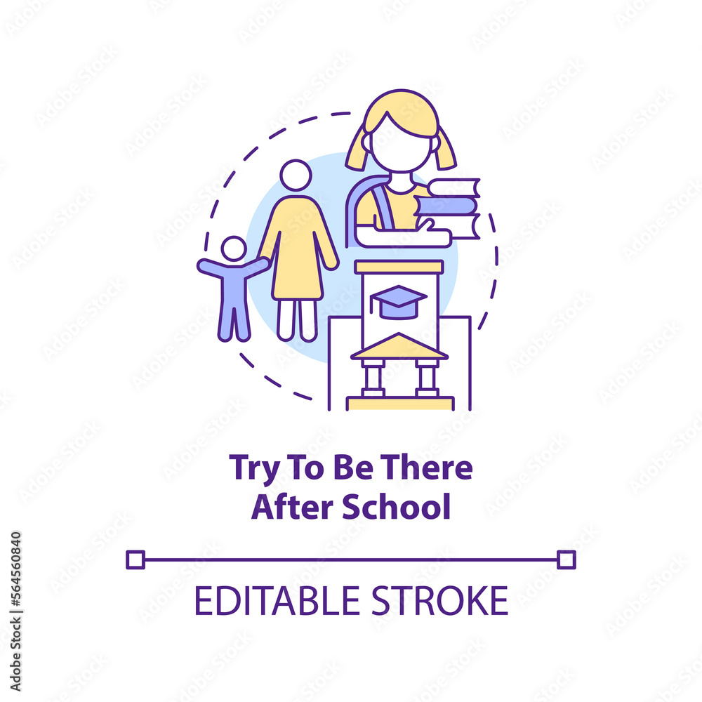 Try to be there after school concept icon. Peaceful teen parenting tip abstract idea thin line illustration. Isolated outline drawing. Editable stroke. Arial, Myriad Pro-Bold fonts used Try to be there after school concept icon. Peaceful teen parenting tip abstract idea thin line illustration. Isolated outline drawing. Editable stroke. Arial, Myriad Pro-Bold fonts used