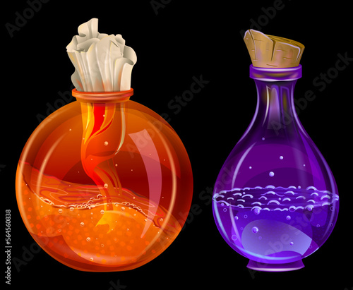 A set of magic glass alchemical flasks with liquid for use as: incendiary liquid, magic potion, explosive potion, health potion or poison, a tool of magicians, witches, sorcerers for Halloween holiday
