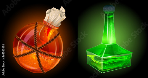 A set of magic glass alchemy flasks with liquid for use as: incendiary liquid, magic potion, explosive potion, health potion or poison, tool of magicians, witches, sorcerers, warriors for Halloween