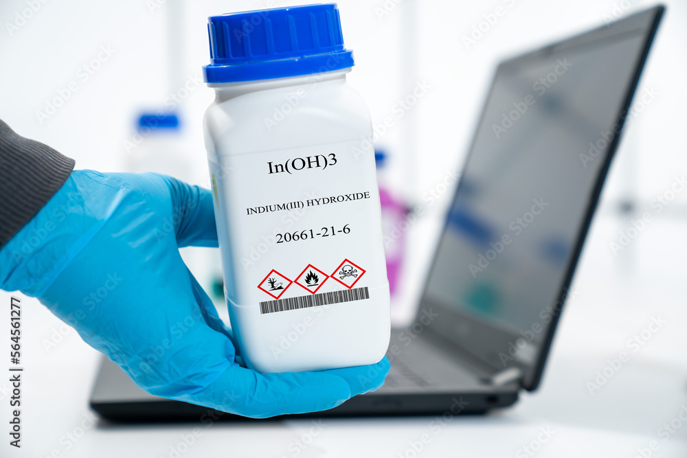 In(OH)3 indium(III) hydroxide CAS 20661-21-6 chemical substance in white plastic laboratory packaging