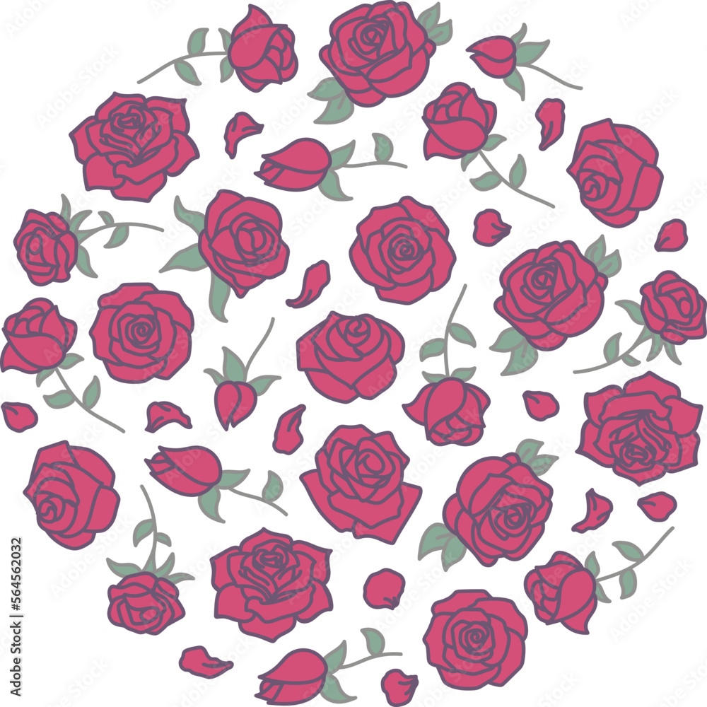 Filled outline of red roses pattern in the shape of a circle Filled outline of red roses pattern in the shape of a circle