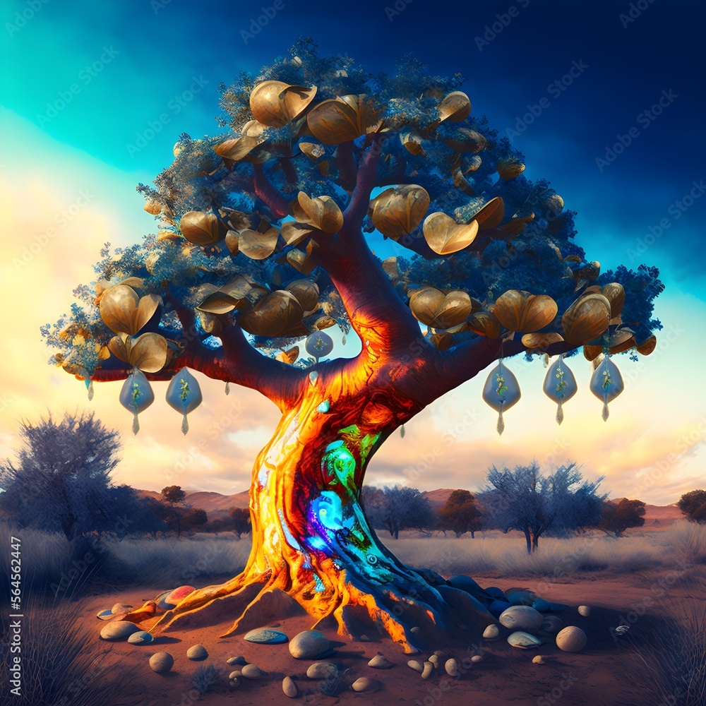 money tree with money with golden dripping sap Enhanced light extreme