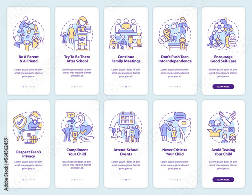 Teen parenting and self esteem onboarding mobile app screens set. Walkthrough 5 steps editable graphic instructions with linear concepts. UI, UX, GUI template. Myriad Pro-Bold, Regular fonts used