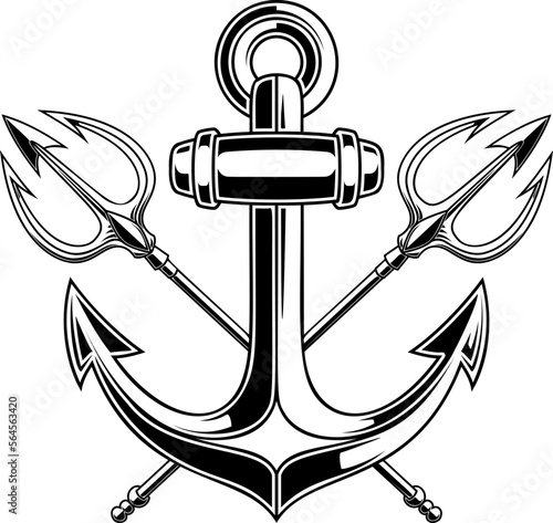 Illustration of sea anchor with crossed tridents. Design element for logo, sign, emblem. Vector illustration