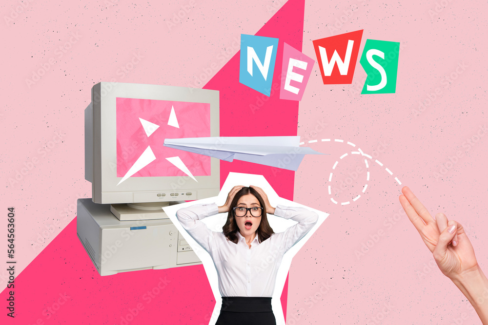 Photo collage of young funky reporter media news worker lady confused staring hands head paper plane breaking monitor isolated on pink background Photo collage of young funky reporter media news worker lady confused staring hands head paper plane breaking monitor isolated on pink background