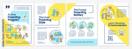 Active parenting program blue and yellow brochure template. Leaflet design with linear icons. Editable 4 vector layouts for presentation, annual reports. Questrial, Lato-Regular fonts used