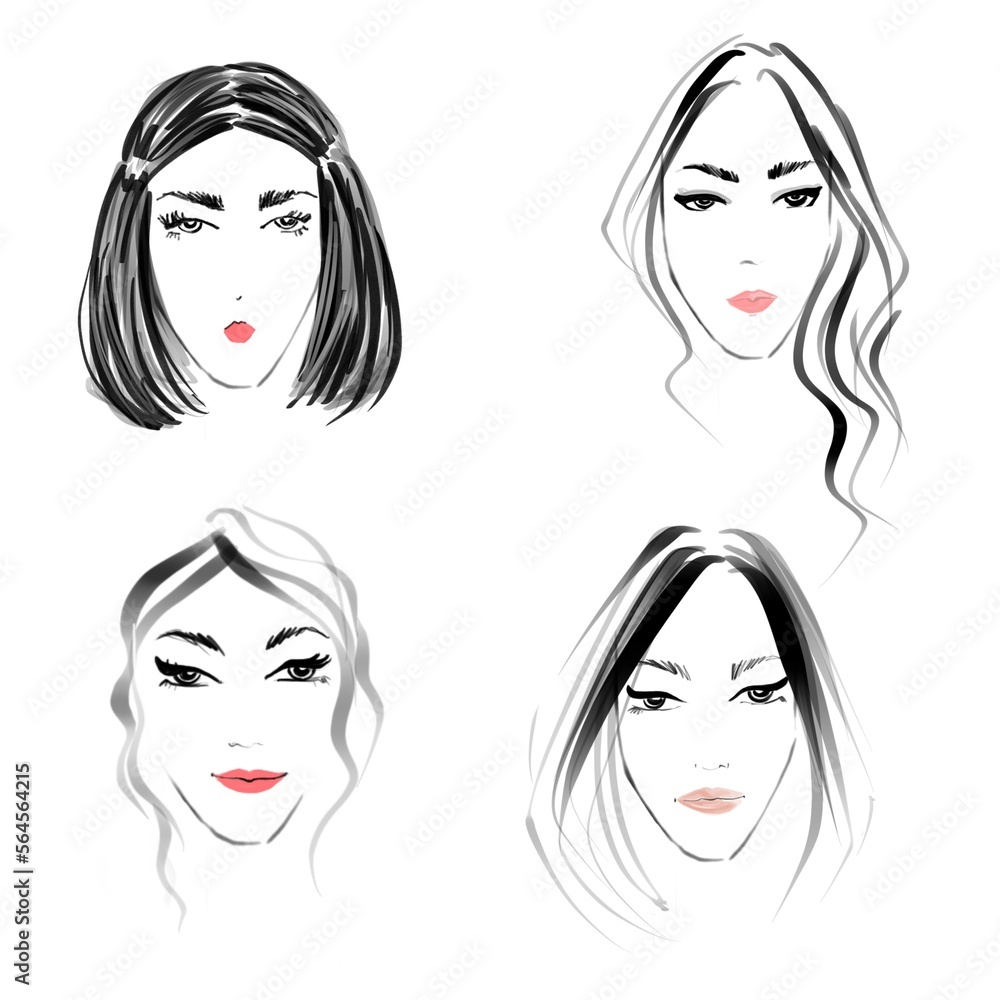 Portraits of girls, ladies a white background. Fashionable stylization.Character design