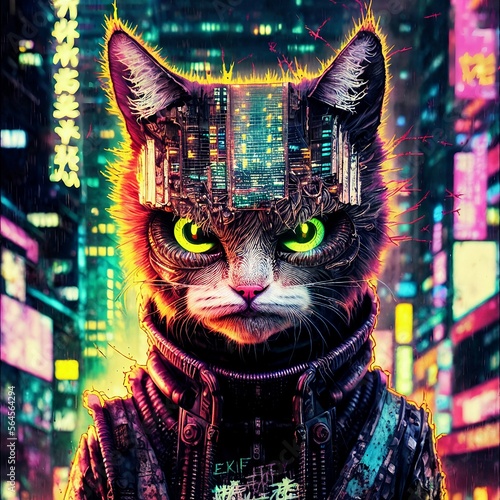 scary, hairy cat, looking into the camera, megapolis in the background, drawing, fantasy, ai