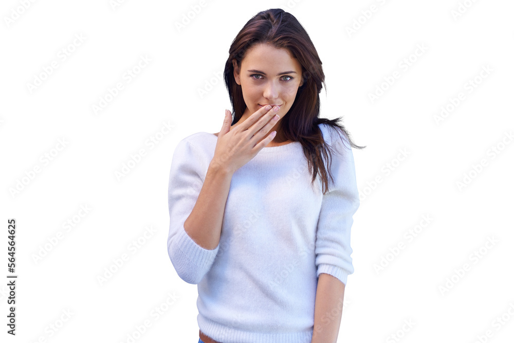 An attractive young woman standing against a gray background while covering her mouth isolated on a PNG background. An attractive young woman standing against a gray background while covering her mouth isolated on a PNG background.