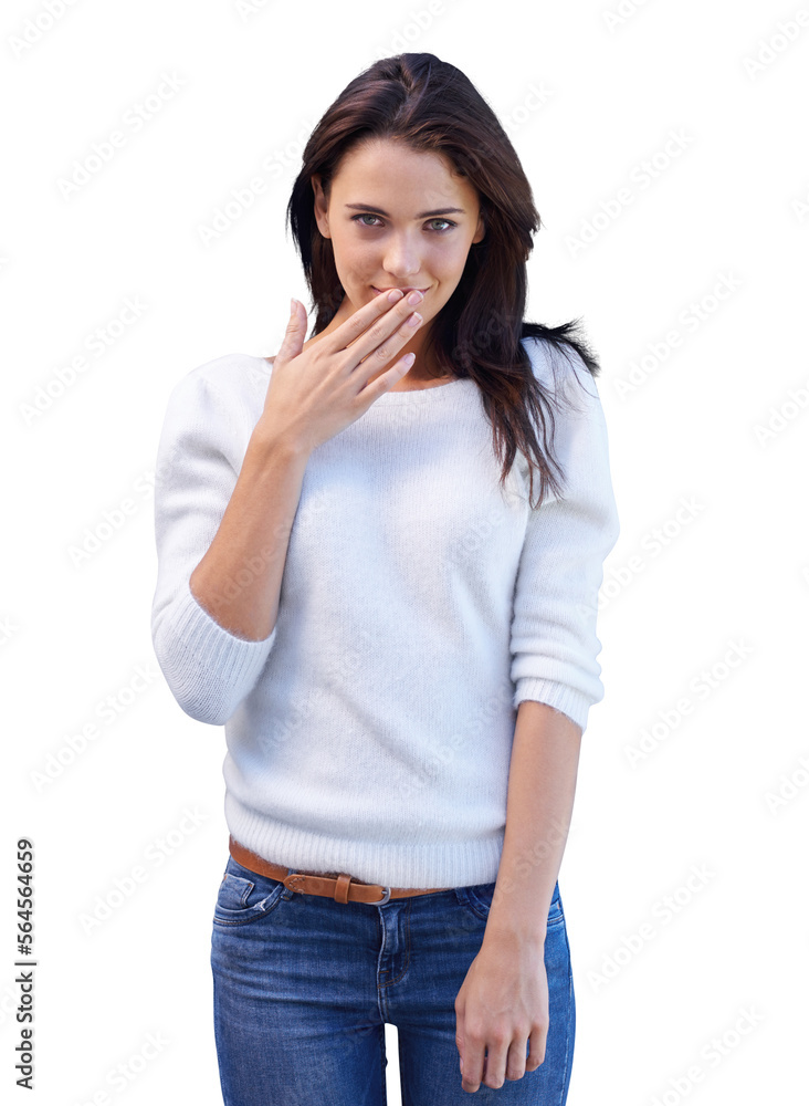 An attractive young woman standing against a gray background while covering her mouth isolated on a PNG background. An attractive young woman standing against a gray background while covering her mouth isolated on a PNG background.