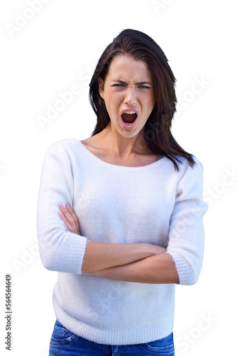 An attractive young woman standing against a gray background while covering her mouth isolated on a PNG background. © peopleimages.com
