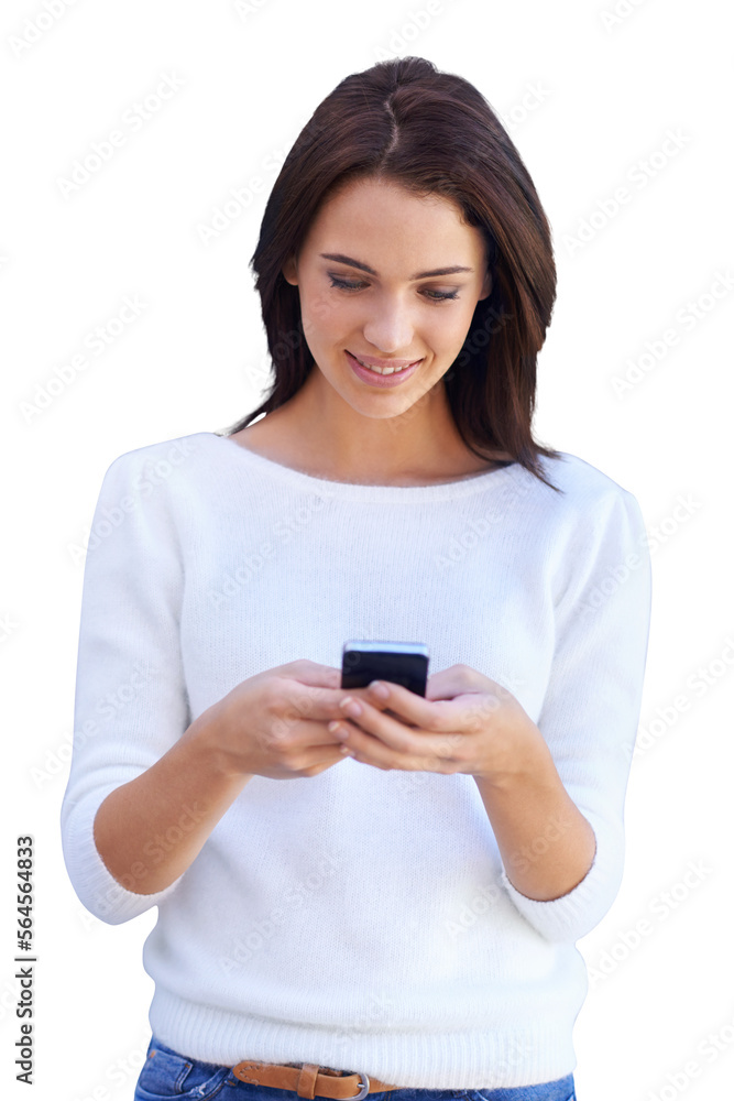 An attractive young woman using her mobile phone isolated on a PNG background. An attractive young woman using her mobile phone isolated on a PNG background.