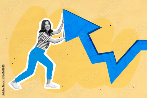 Composite collage photo cadre of young excited funny woman business company owner motivation increase grow arrow isolated on painted background