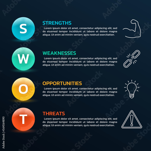 SWOT analysis template with business icons. Modern presentation layout. Strength, weakness, opportunity, threat concept. Advantage, marketing infographic. Vector illustration.
