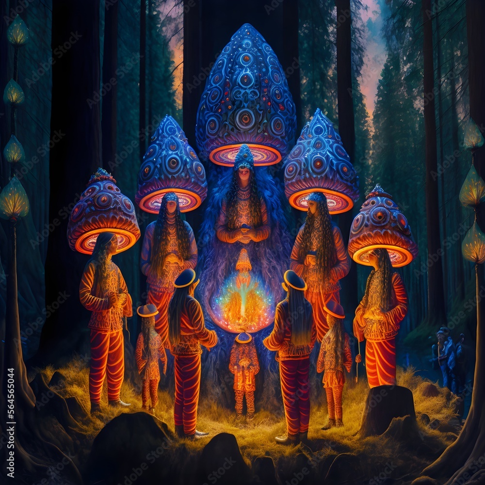 A group of people dressed in traditional shamanistic clothing gathered in a forest by Alex Grey psychedelic references vibrant colors spiritual trippy background incense candles crystals smoke aura  - obrazy, fototapety, plakaty 