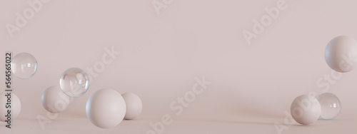 Empty scene with spheres. Beige background. Template for product, cosmetic presentation. Mock up. Backdrop with empty, copy space. Display, showcase. 3D rendering. © Creative_Bird