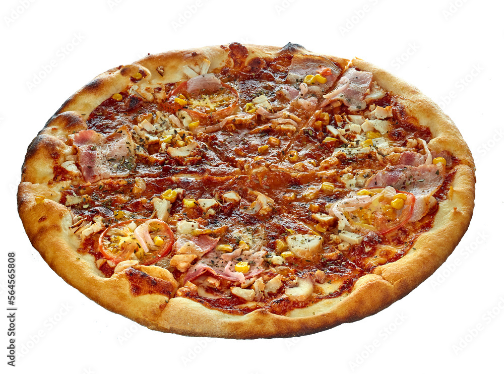 Large delicious pizza with corn, tomatoes, ham and oregano, highlighted on a white background. One hundred percent sharpness.