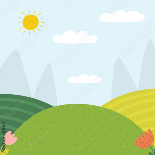 Nature landscape with a green meadow, sun and mountains. Farm field background in cartoon style. Summer print with countryside. Vector illustration
