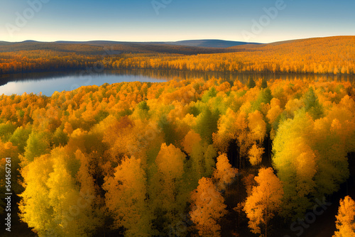 Colorful Nordic landscape in the autumn with birch forest, a lake and mountains in the background © Imminent Interactive