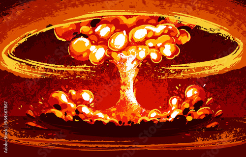 Nuclear explosion, mushroom-shaped cloud of exploding atomic bomb. Radioactive fire flames, atom bang. Nuke energy, power, detonation, strike. Doomsday, armageddon concept. Flat vector illustration