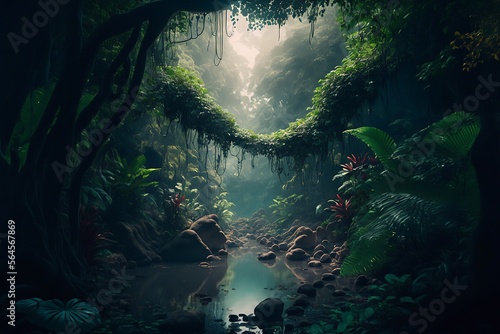 Dreamy place in a human mind imagination, vibrant fantasy, beautiful jungle, dense jungle trees, generative ai © RAB81T
